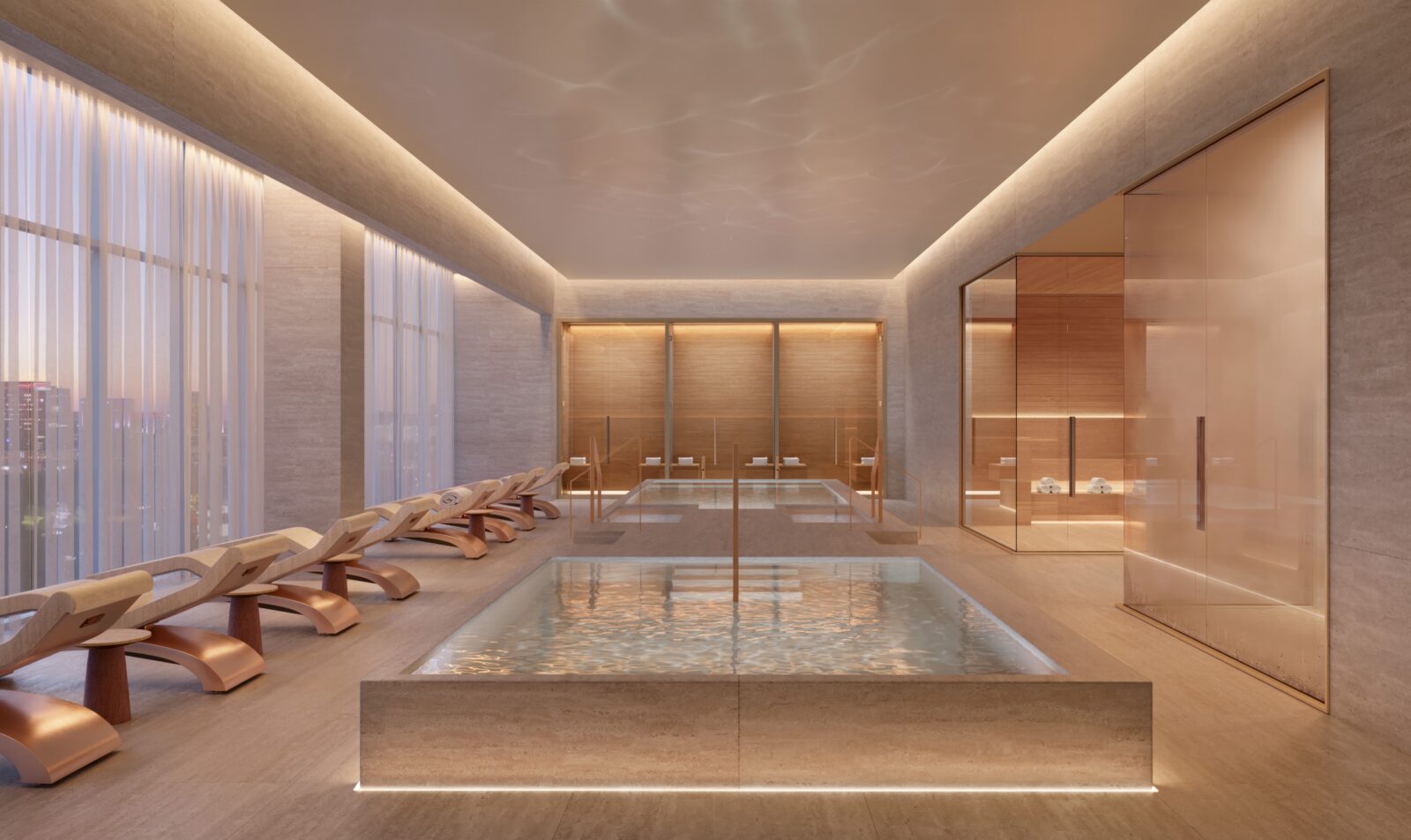 Hydrotherapy lounge with a thermal pool and relaxation seating