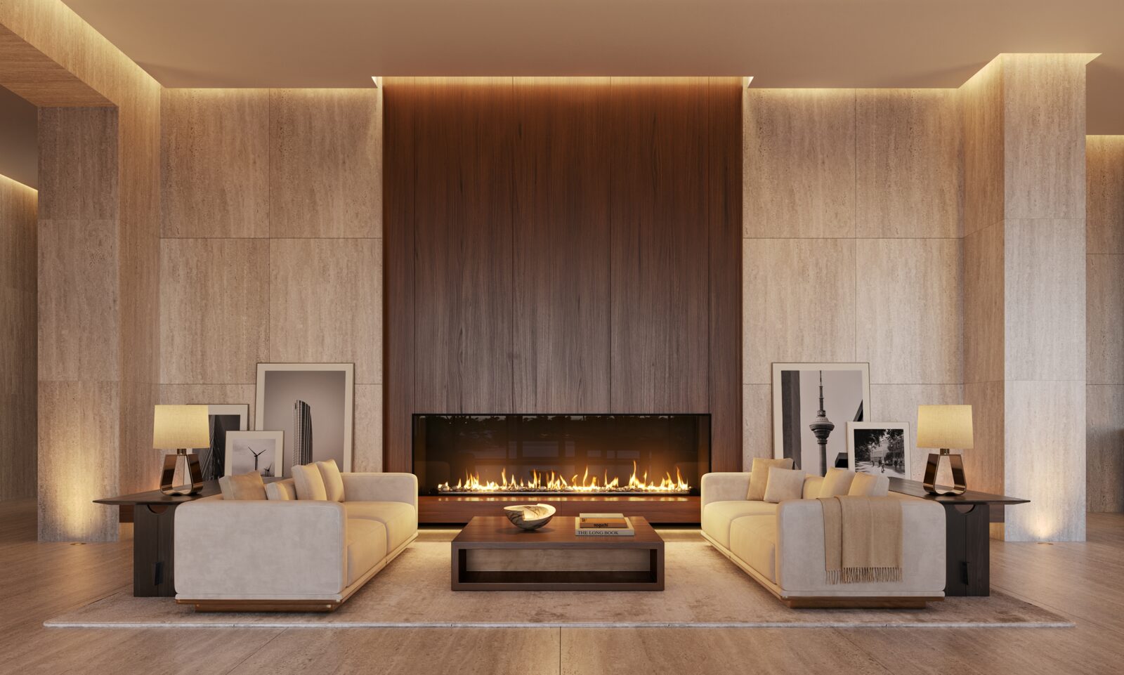 The Dallas EDITION lobby lounge centered on a fireplace