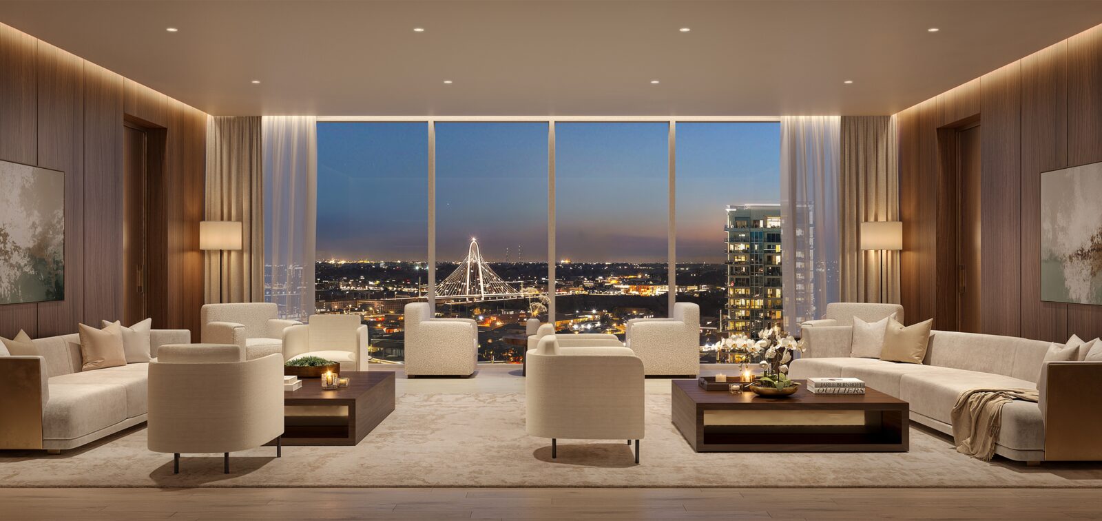 Owners lounge overlooking the Margaret Hunt Hill Bridge at dusk