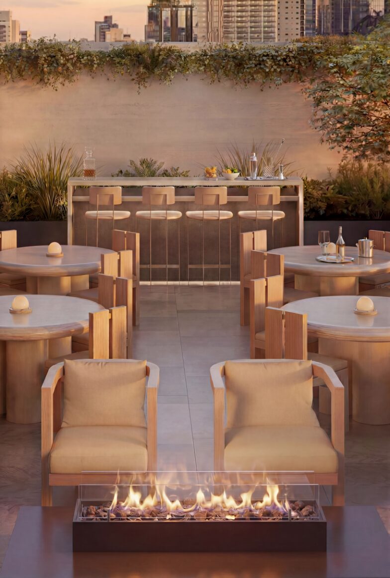 Fire feature and seating on the resident-only terrace