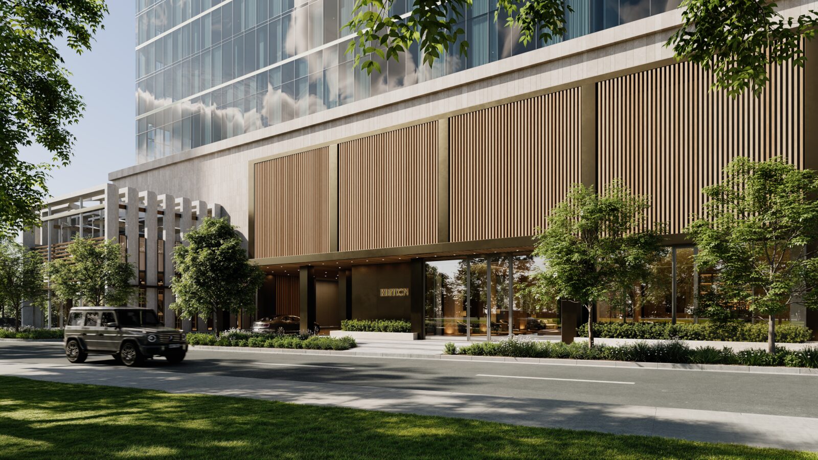 Landscaped Harwood Street arrival at The Dallas EDITION