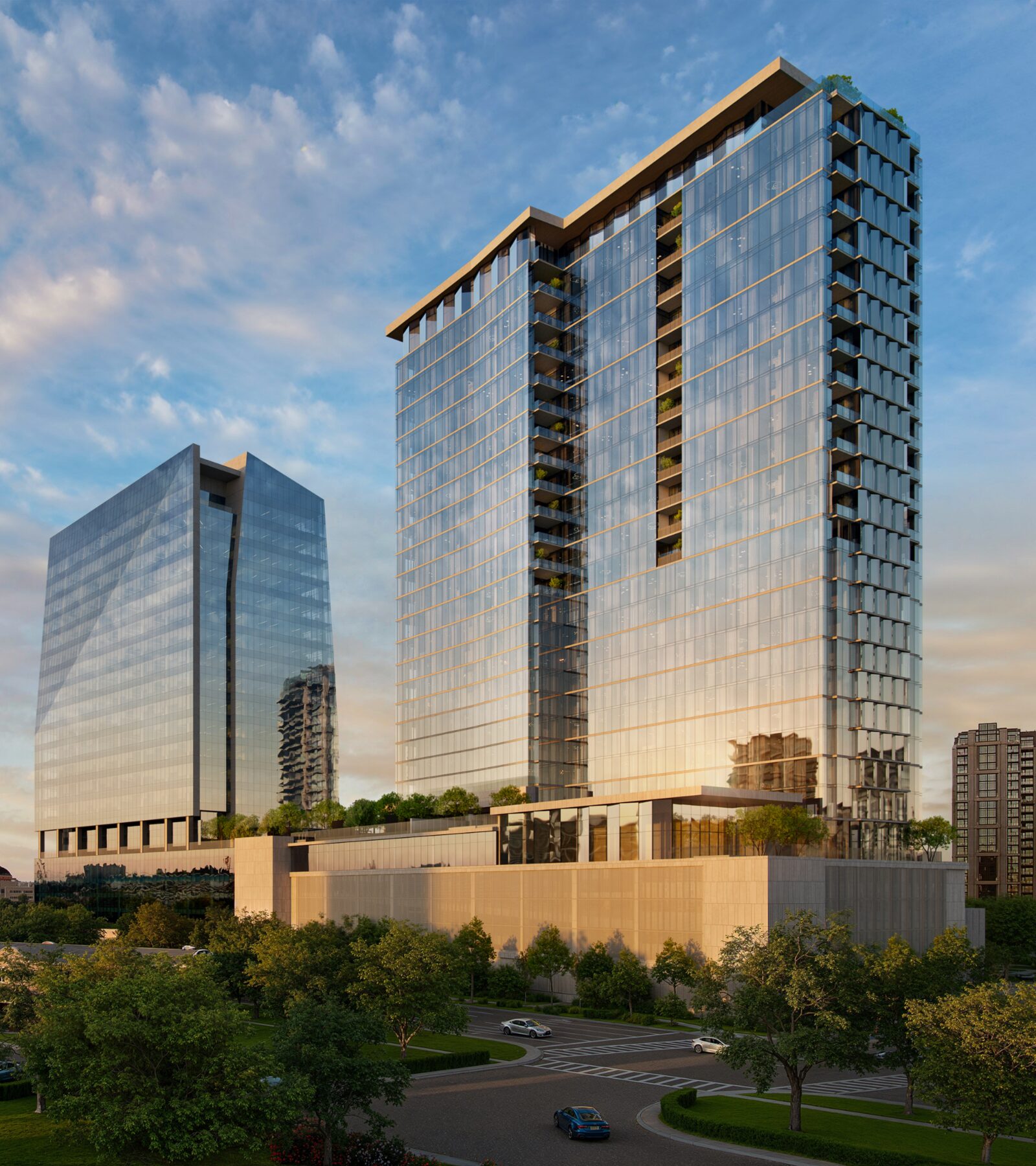 The Dallas EDITION tower rising above the surrounding parkland