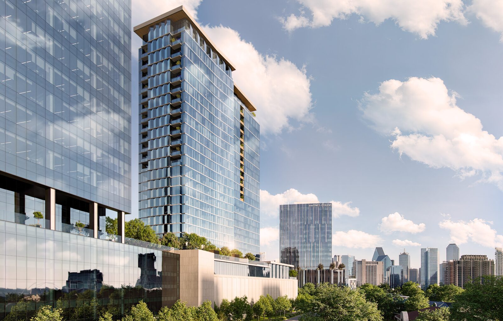 The Dallas EDITION tower and terraces against the Dallas skyline