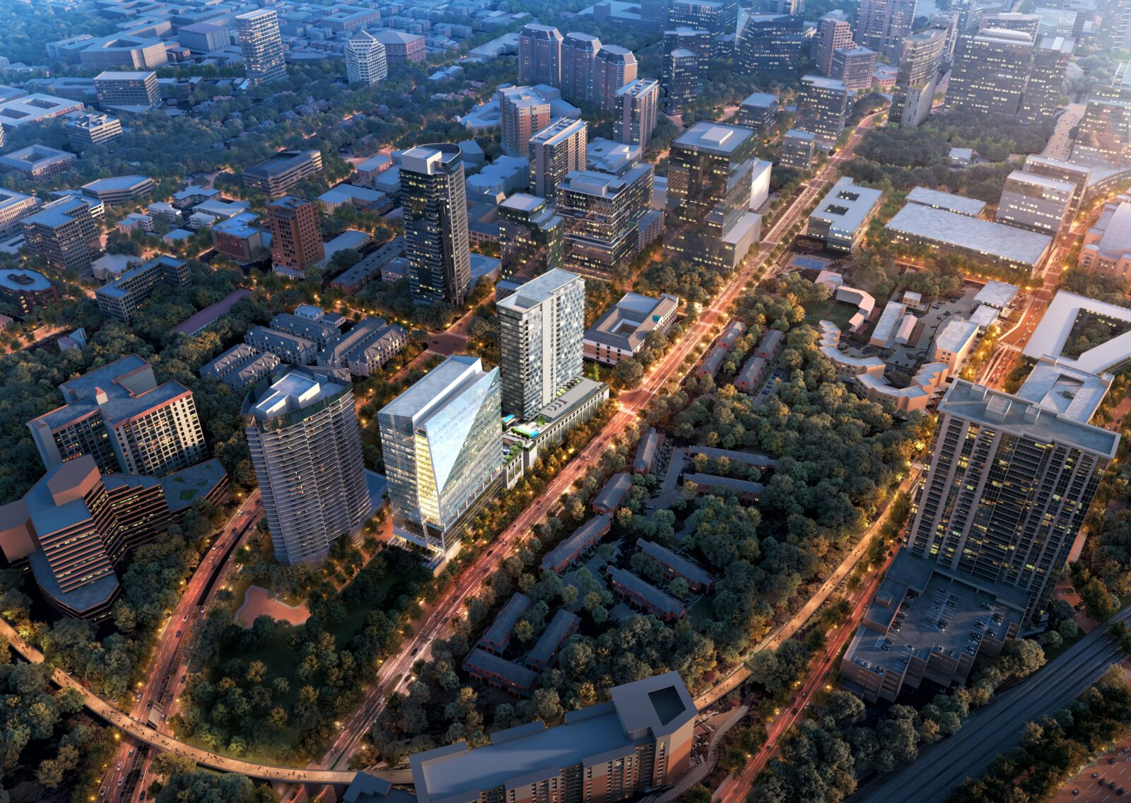 Aerial view of The Dallas EDITION and the surrounding parkland