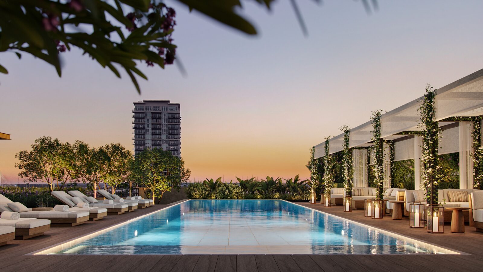 Resident terrace and pool overlooking the Dallas skyline