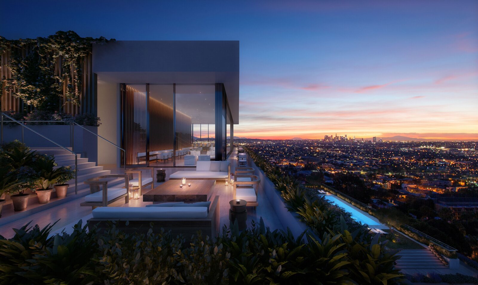 Terrace at The West Hollywood EDITION overlooking Los Angeles at dusk