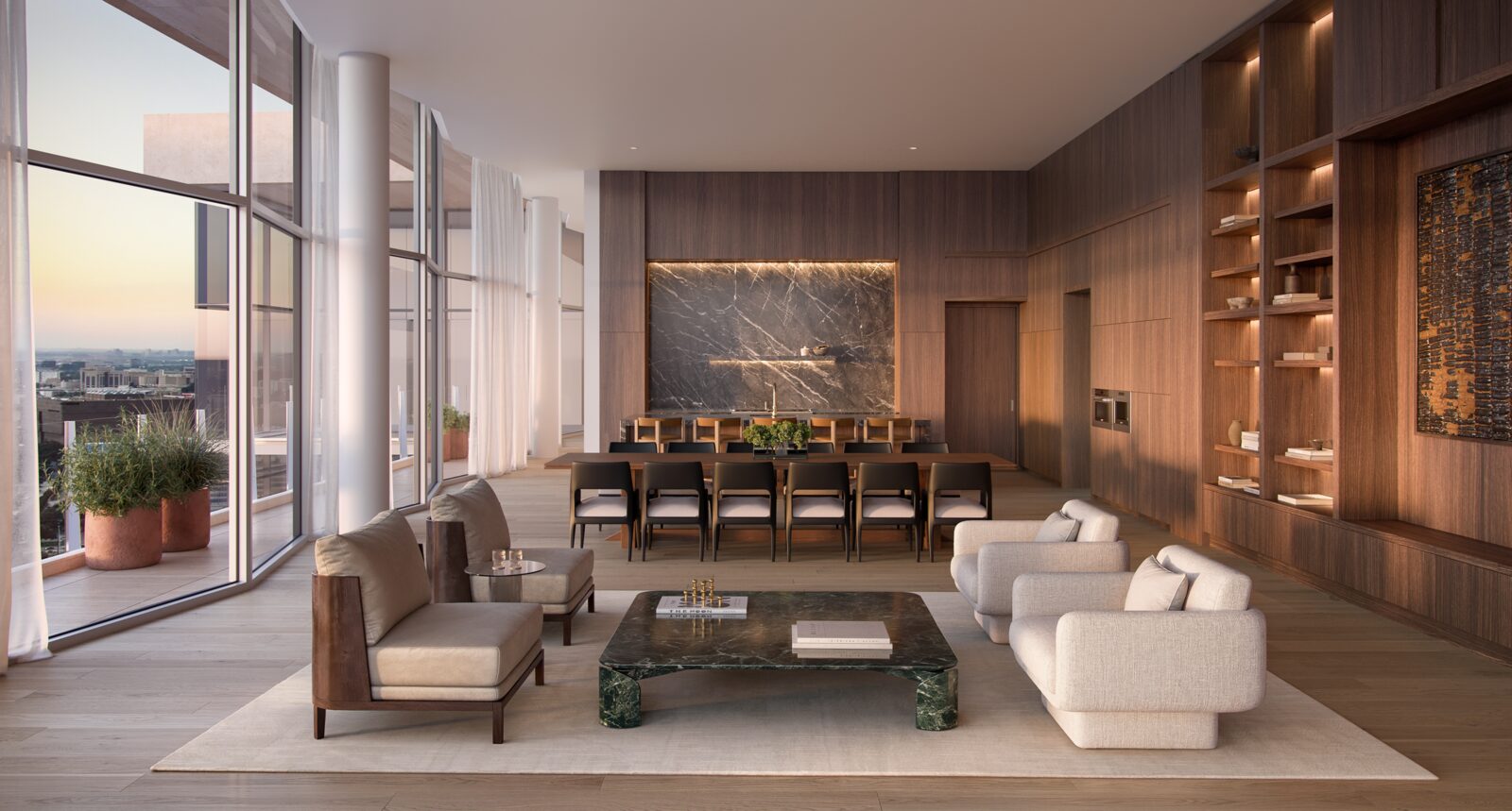 Penthouse living and dining room opening onto a private terrace