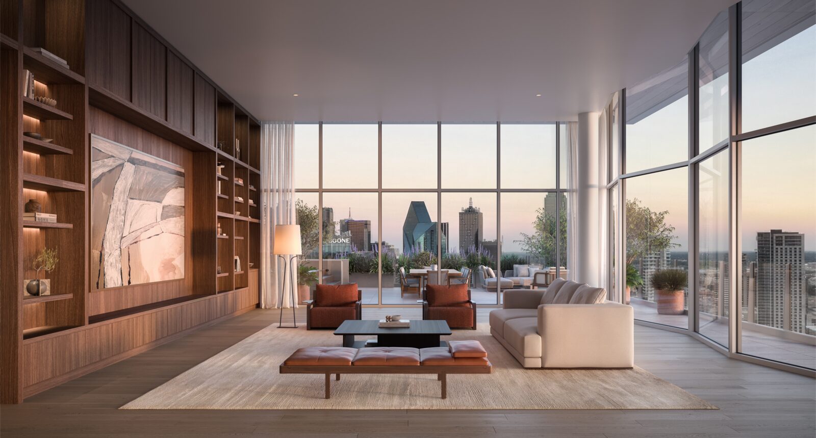 Penthouse living room with floor-to-ceiling skyline views