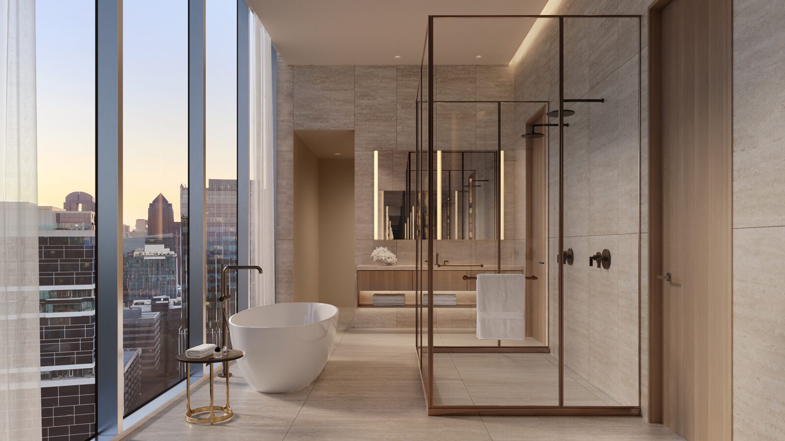 Primary bathroom overlooking the Dallas skyline