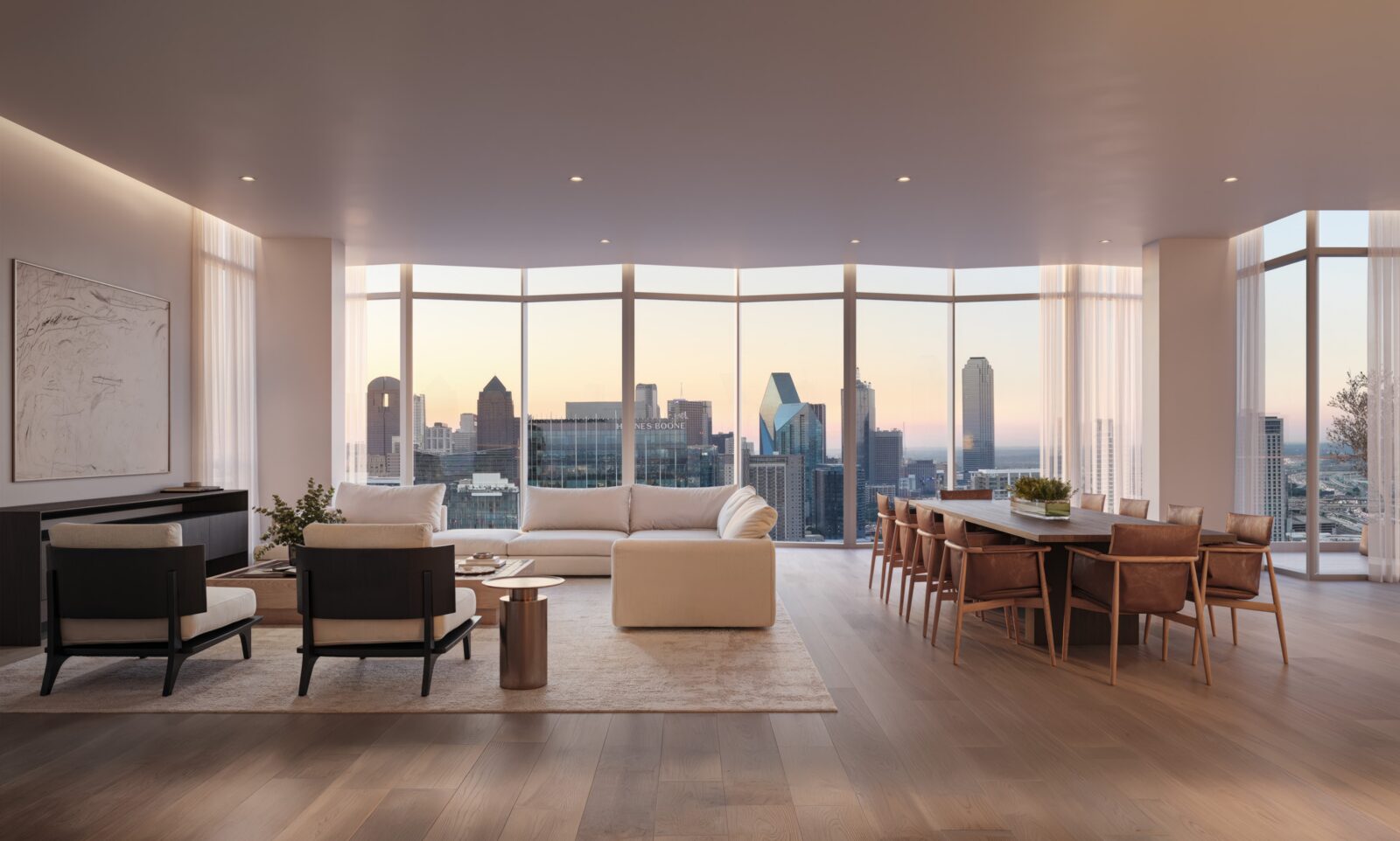 Open living and dining room with expansive Dallas skyline views